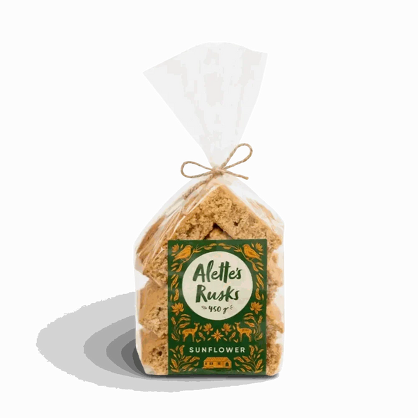 Alette’s Rusks Bran Sunflower 450g pack with crunchy bran-style sunflower seed rusks in resealable herringbone packaging