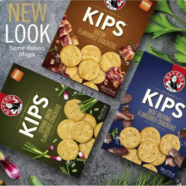 Bakers Pyotts Kips 200g slow-baked beef biltong flavoured crackers in sealed packaging