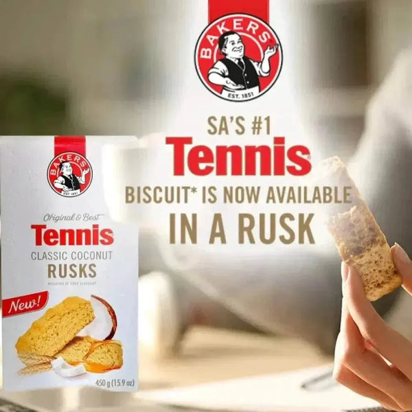 Bakers Tennis Classic Coconut Rusks 450g pack with coconut-flavored rusks ideal for tea and coffee accompaniment