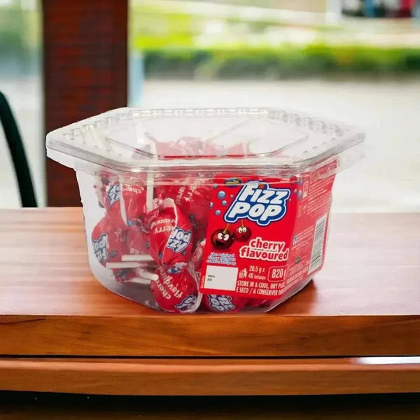 Beacon FIZZ POP Cherry lollipops tub with 40 apple-flavored suckers and sherbet filling