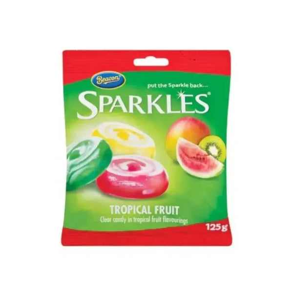 Beacon Sparkles Tropical Fruit 125g bag with mixed dried pineapple, mango, papaya, and lychee pieces