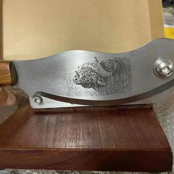 Blacksmith Biltong Cutter crafted from solid Kiaat wood for precise slicing of South African biltong