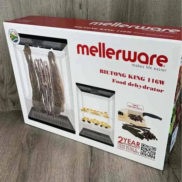 Mellerware Biltong Dryer with hanging rods, drying shelves, and continuous airflow for efficient meat and fruit drying