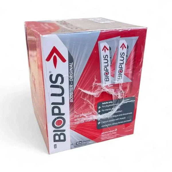 Box of 48 Bioplus Syrup Sachets Original 10ml energy booster with B-vitamins, calcium, and caffeine for fatigue and mental alertness