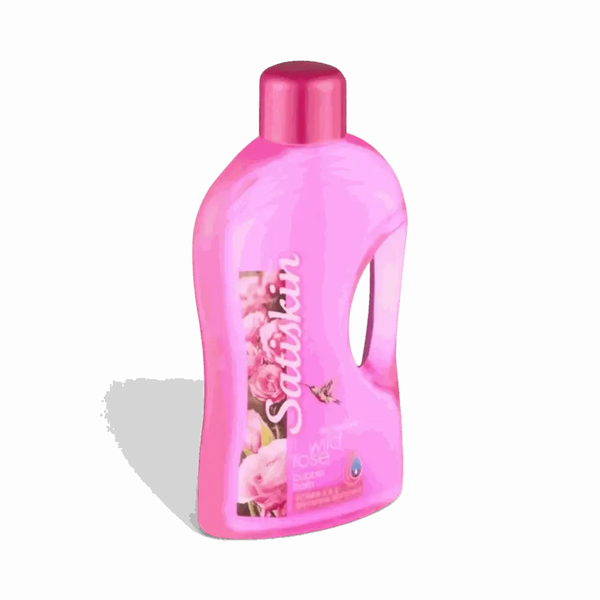 Satinskin Luxury Bubble Bath Wild Rose 2L bottle with bubbles and rose petals