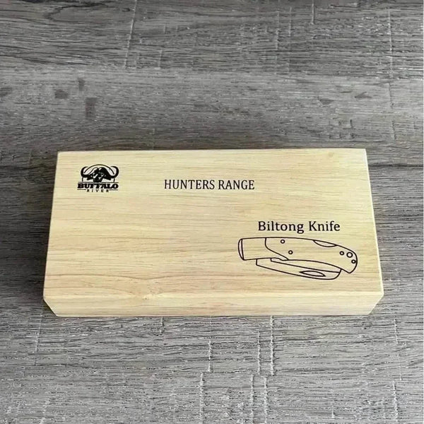 Buffalo River Biltong Tjom Knife with sharp curved stainless steel blade and sturdy laminate wood handle for slicing biltong