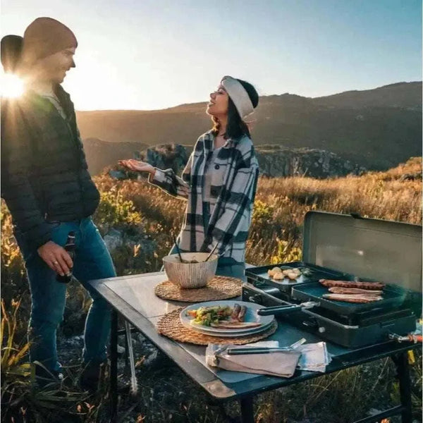 CADAC 2 Cook 3 Pro portable gas barbecue with dual burners and GreenGrill ceramic plates for outdoor cooking