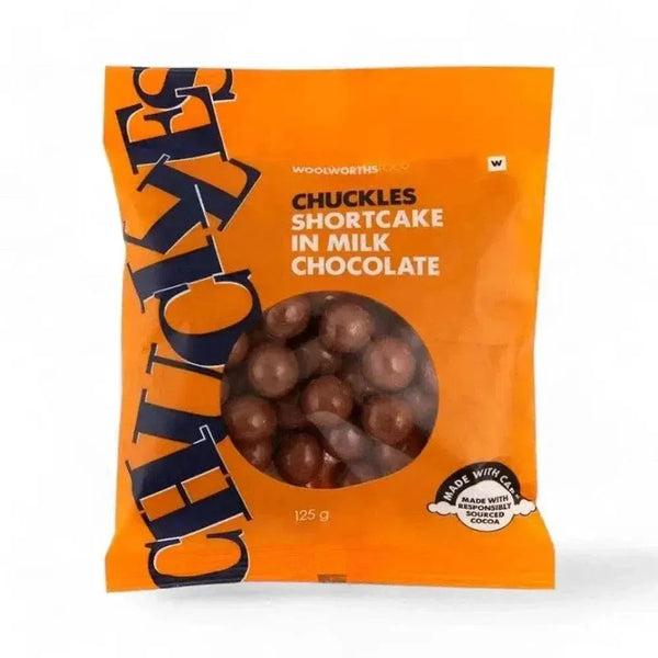 Woolworths CHUCKLES® Shortcake milk chocolate balls with buttery shortcake centers 125g packaging