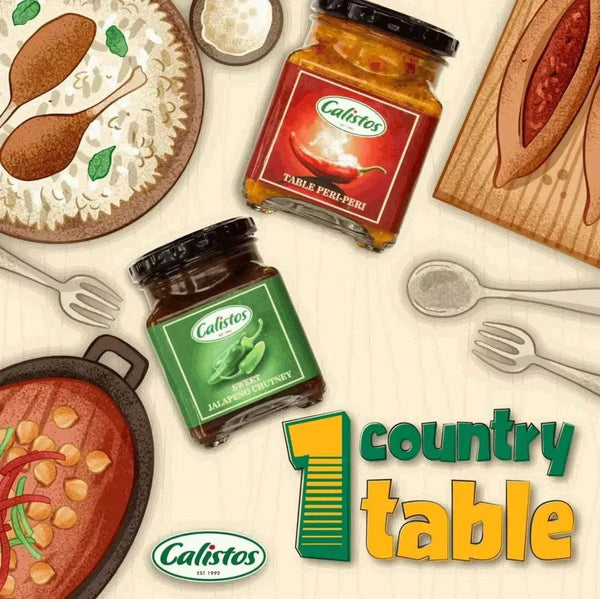 Calisto's Relish Table Peri Peri 250ml glass jar with spicy chili condiment