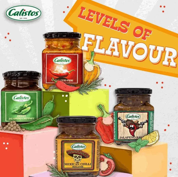 Calisto's Relish Table Peri Peri 250ml glass jar with spicy chili condiment