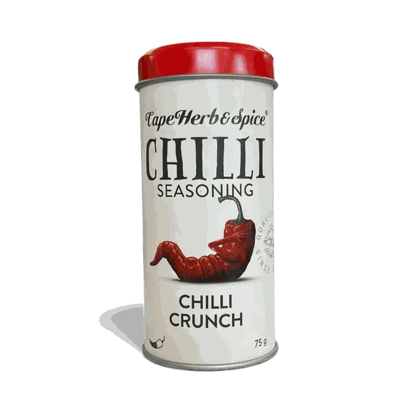 Cape Herb & Spice Chilli Crunch Seasoning 75g container with red lid featuring spicy chilli seasoning blend for enhancing food flavor