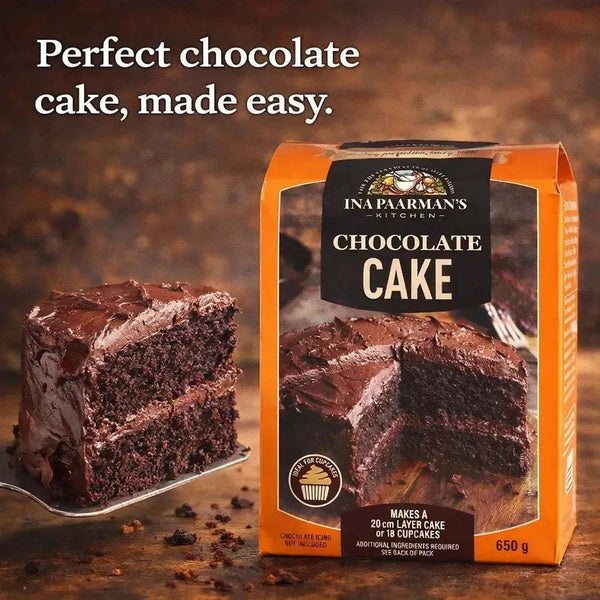 Ina Paarman’s 650g chocolate cake mix packaging with rich chocolate cake image