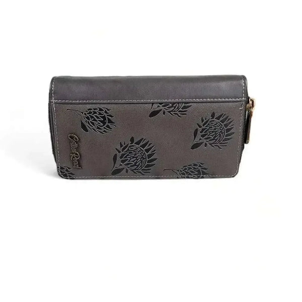 Cotton Road Large Wallet in grey PU leather with embossed proteas design and dual zip compartments