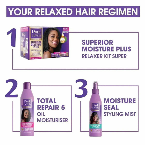 Dark & Lovely Superior Moisture Plus No Lye Relaxer Kit with Total Repair 5 Oil Moisturiser and Moisture Seal Styling Mist for super to coarse hair