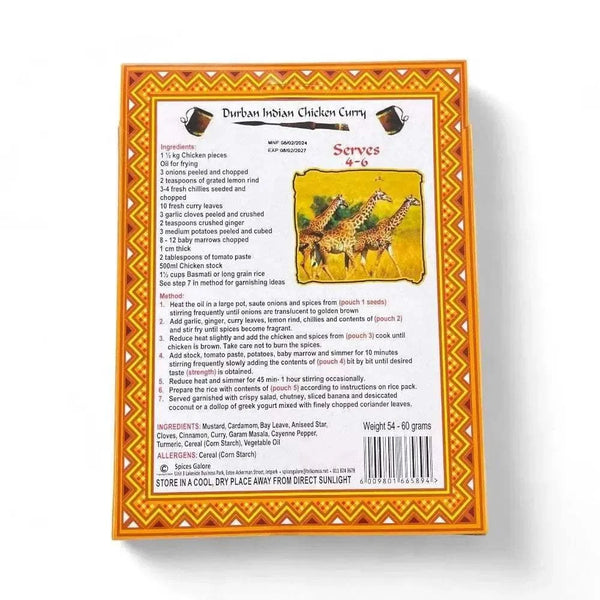 Taste of Africa Durban Indian Chicken Curry spice mix packet with recipe card