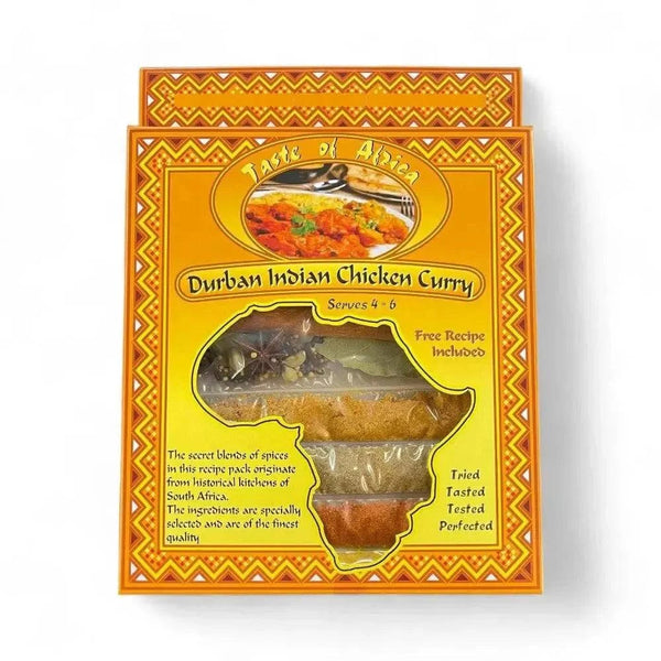 Taste of Africa Durban Indian Chicken Curry spice mix packet with vibrant spices