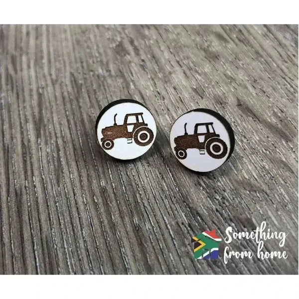 Earrings white circle with laser engraved tractor 15mm sold in pairs