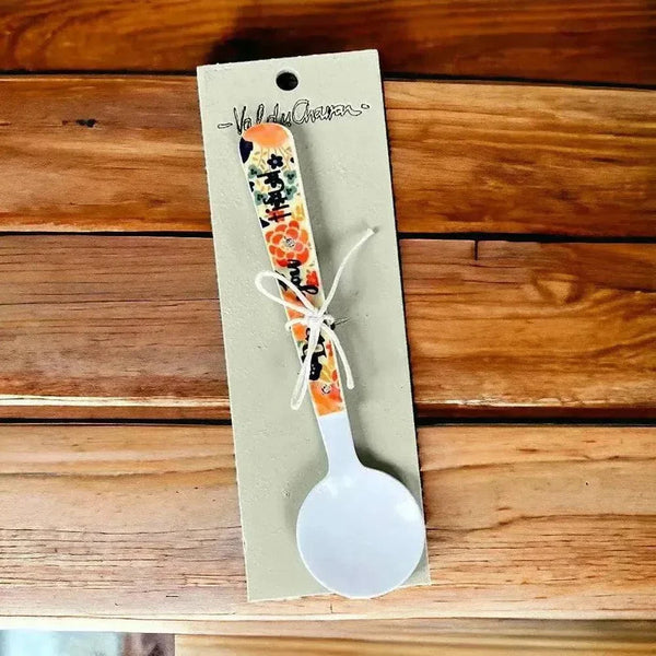 Enamel printed sugar spoon with wooden handle and Be You Tiful design