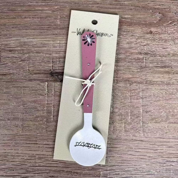 Enamel sugar spoon with wooden handle and laser engraved birds on a wire design