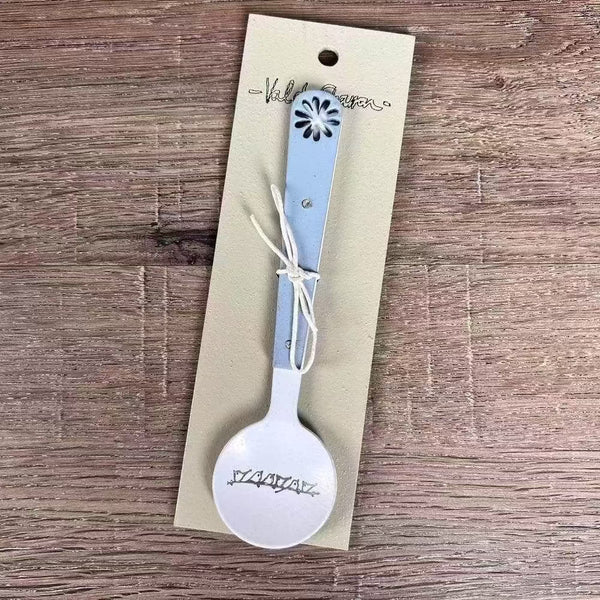 Enamel sugar spoon with wooden handle and laser engraved birds on a wire design