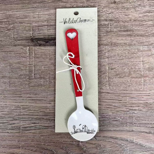 Enamel sugar spoon with wooden handle and farmhouse heart engraving