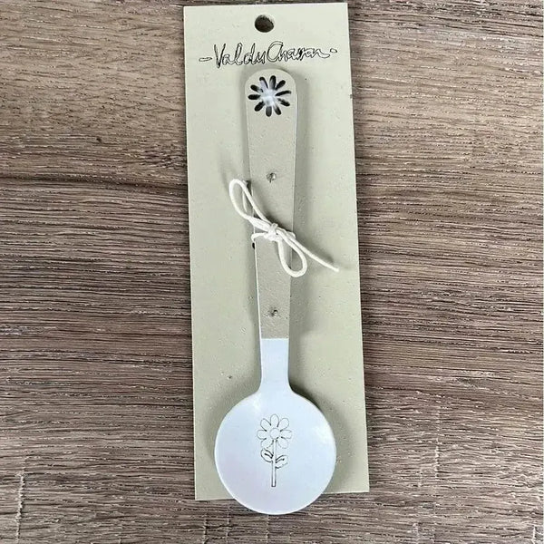 Enamel sugar spoon with wooden handle and laser engraved flower design