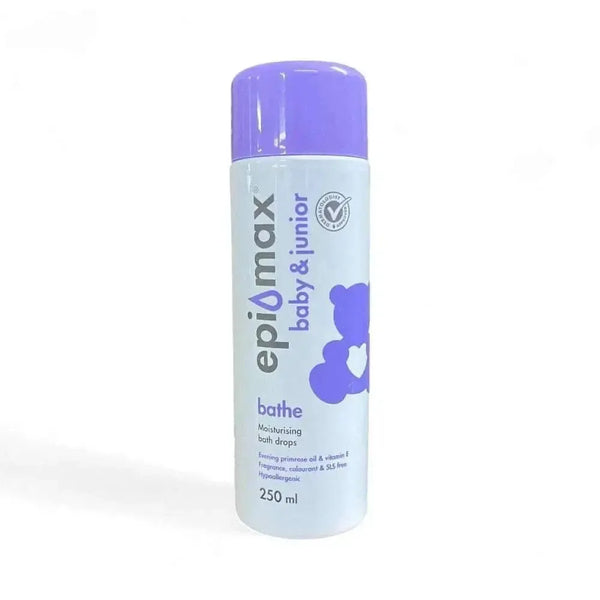 Epimax Baby & Junior Bathe Drops Moisturising 250ml bottle with purple cap.