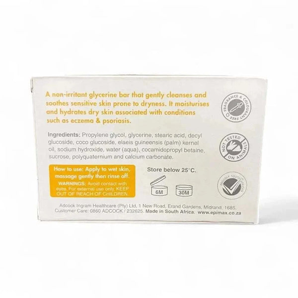 Epimax Hypoallergenic Soap Bar package with product details and usage instructions.