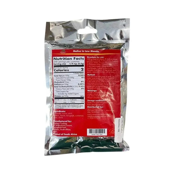 Back view of Gorima's Spice Mother-in-law Masala 100g packaging with nutrition facts and usage instructions