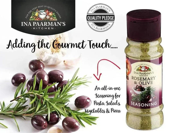 Ina Paarman Rosemary & Olive 200ml seasoning bottle with rosemary and dried olives for lamb, chicken, and vegetables