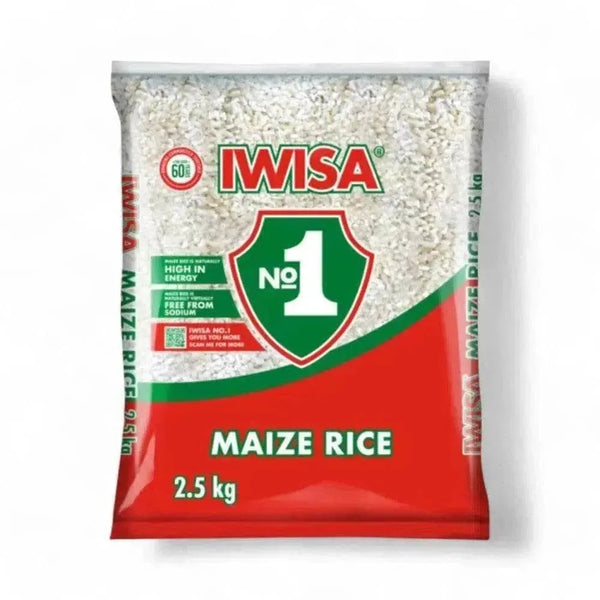 Iwisa Maize Rice 2.5kg package of long-grain nutritious maize rice with subtle nutty flavor