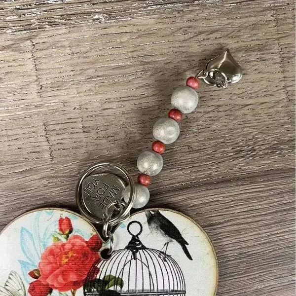 Key tag wooden heart with bird cage laser cut 75mm