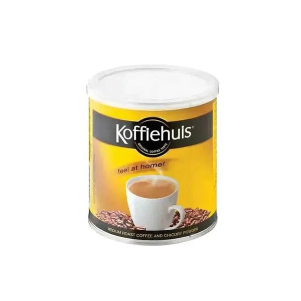 Koffiehuis Original Instant Coffee 250g package with roasted coffee beans and cup of brewed coffee