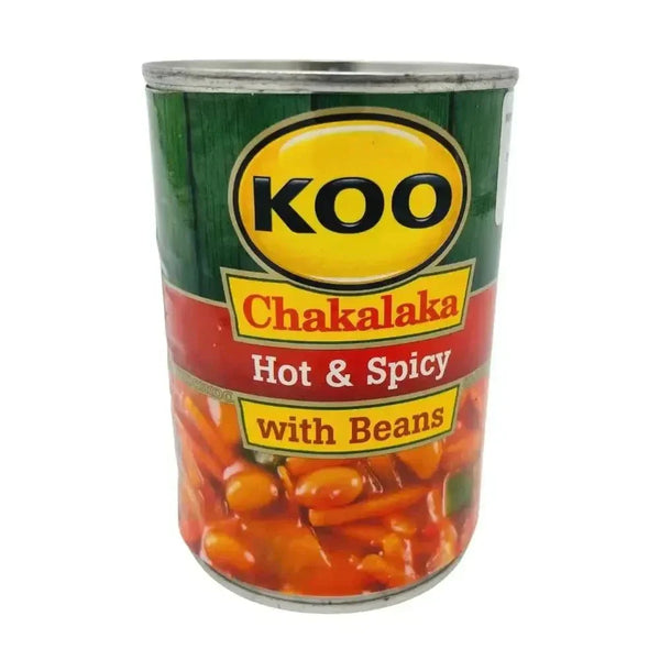 Koo Chakalaka with beans hot and spicy 410g jar displaying vibrant mixed vegetables