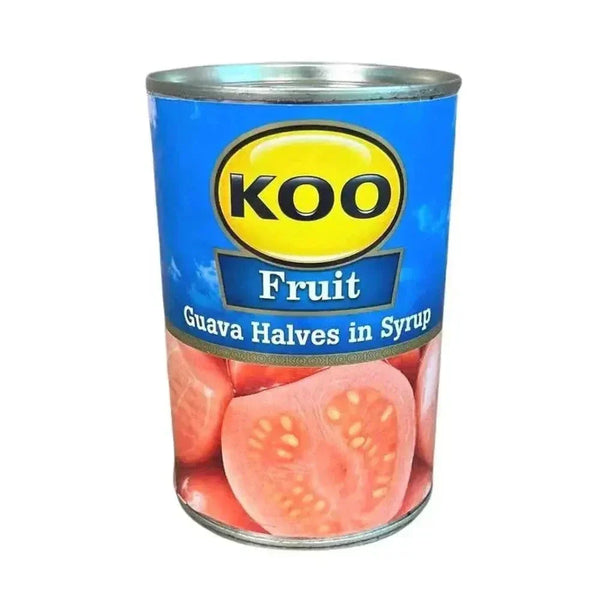Koo Guava Halves in Syrup can with guava fruit in syrup inside the jar