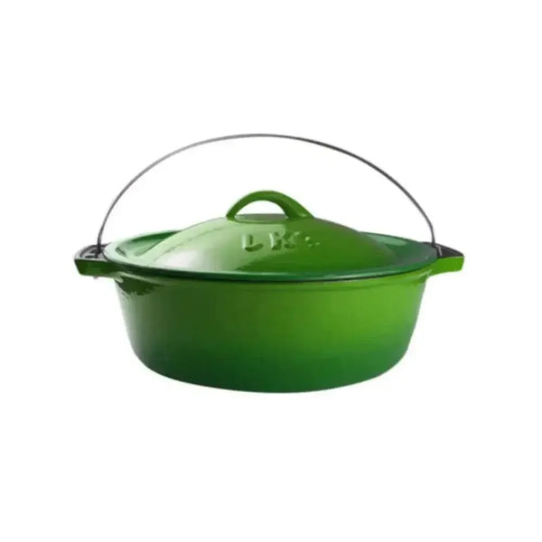 Green LK Flat Potjie Bake Pot 5L with enamel finish, lid, and carry handle for versatile cooking