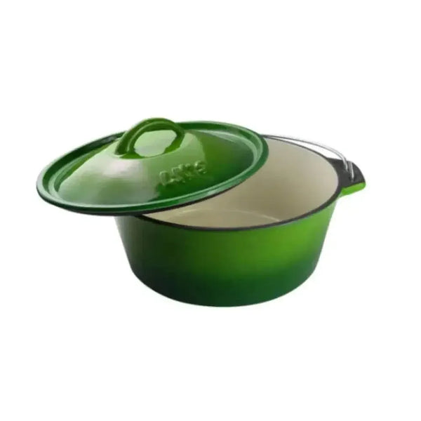 Green LK Flat Potjie Bake Pot 5L with enamel finish, lid, and carry handle for versatile cooking
