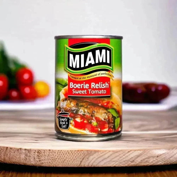 Miami Boerie Relish Sweet Tomato 450g jar with natural ingredients and sweet tomato flavor