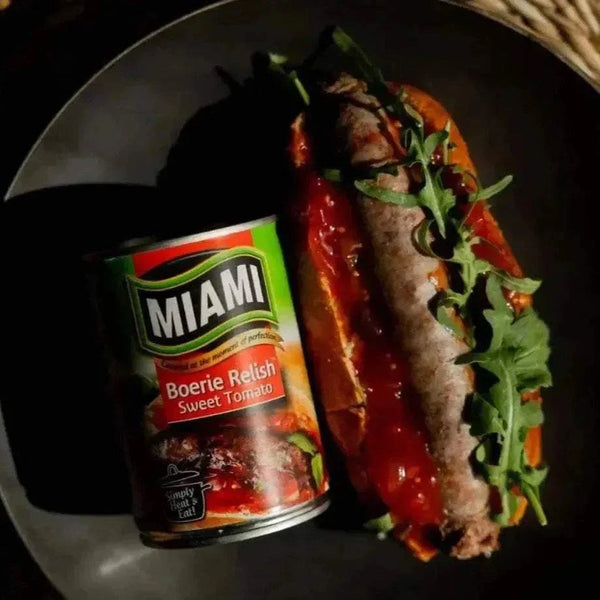 Miami Boerie Relish Sweet Tomato 450g jar with natural ingredients and sweet tomato flavor