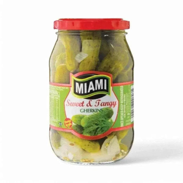 Miami Gherkins Cocktail Sweet & Tangy pickled gherkins in 380g jar with crunchy texture and balanced flavor