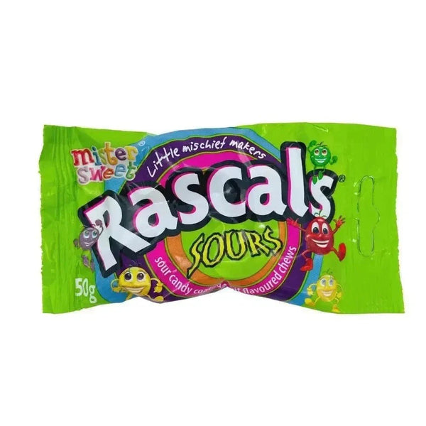 Mr Sweet Rascals Sours 50g chewy fruity candy rounds packaging