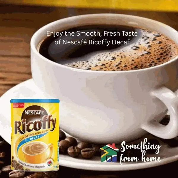 Nescafe Coffee Ricoffy Decaf 750g tin with smooth, caffeine-free coffee and chicory blend