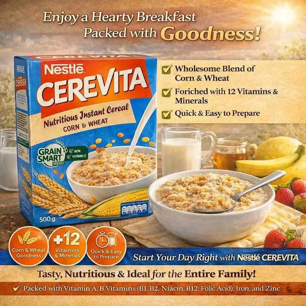 Nestle Cerevita Nutritious Instant Cereal Corn and Wheat 500g package for healthy breakfast