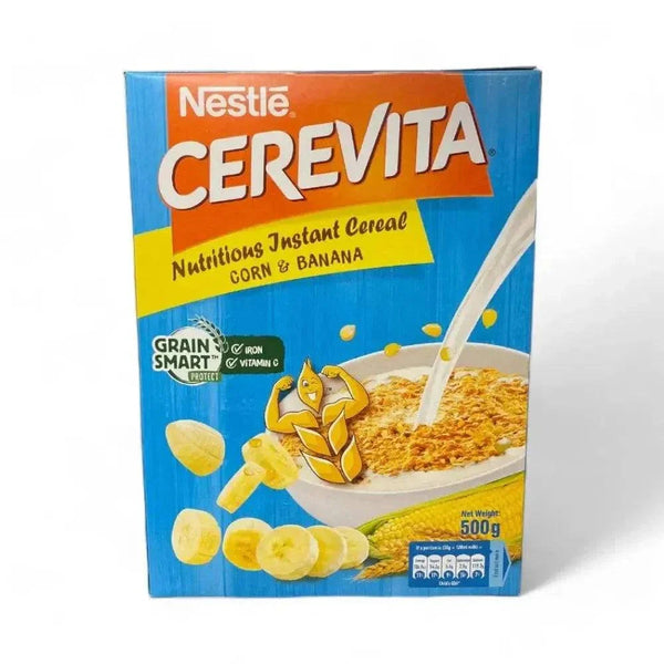 Nestle Cerevita Nutritious Instant Cereal 500g pack with corn and banana flavor, a nutritious Zimbabwean breakfast option.