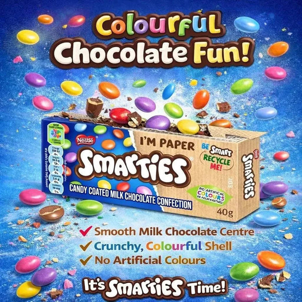 Nestlé Smarties 40g colorful candy-coated milk chocolate treats with crunchy shell and smooth center.