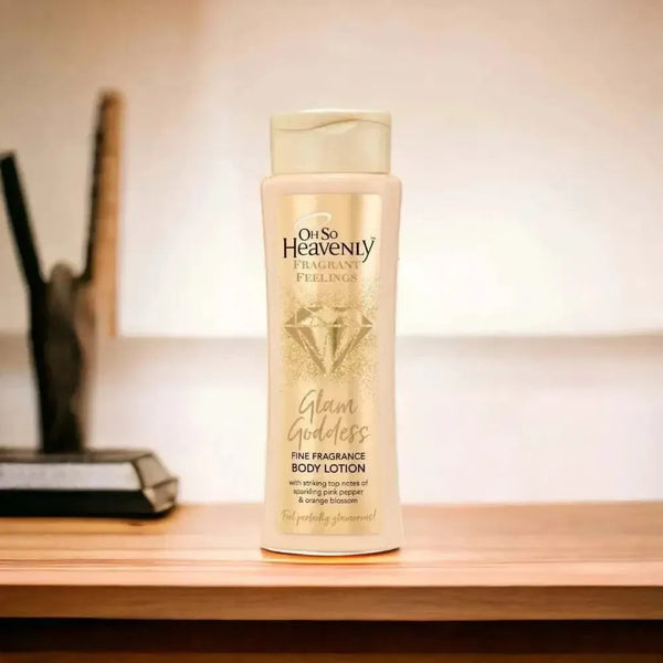 Oh So Heavenly Fragrant Feelings Glam Goddess body lotion bottle with orange blossom and pink pepper scent