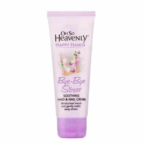 Oh So Heavenly Happy Hands Hand Cream Bye Bye Stress 75ml tube with lavender chamomile and geranium ingredients moisturizing hands