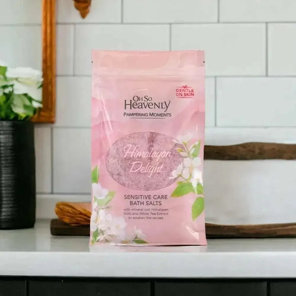 Oh So Heavenly Himalayan Delight Sensitive Care Bath Salts 1.2kg with Himalayan pink salts and white tea extract for gentle, relaxing skincare