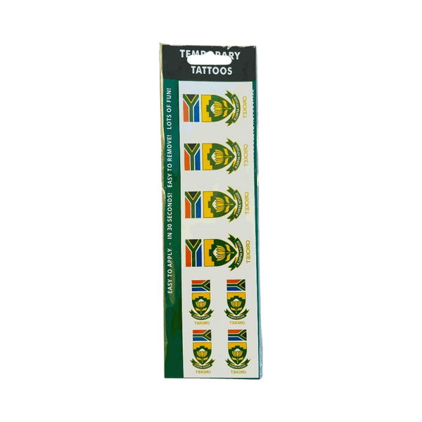 Olive temporary tattoo strips featuring South Africa Cricket emblem and flag designs