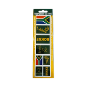 Assorted South African flag and "Go Bokke" supporter olive temporary tattoos on skin